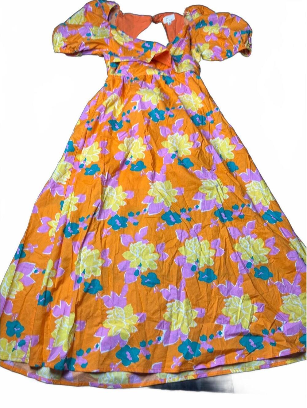 Lena Women's Knee-Length Puff Sleeve Dress in Orange Floral - Picture 4 of 10